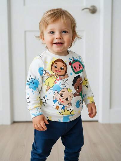 CoComelon X SHEIN Baby Boy Cartoon Portrait Pattern Splatter Autumn Sweatshirt Fall Winter