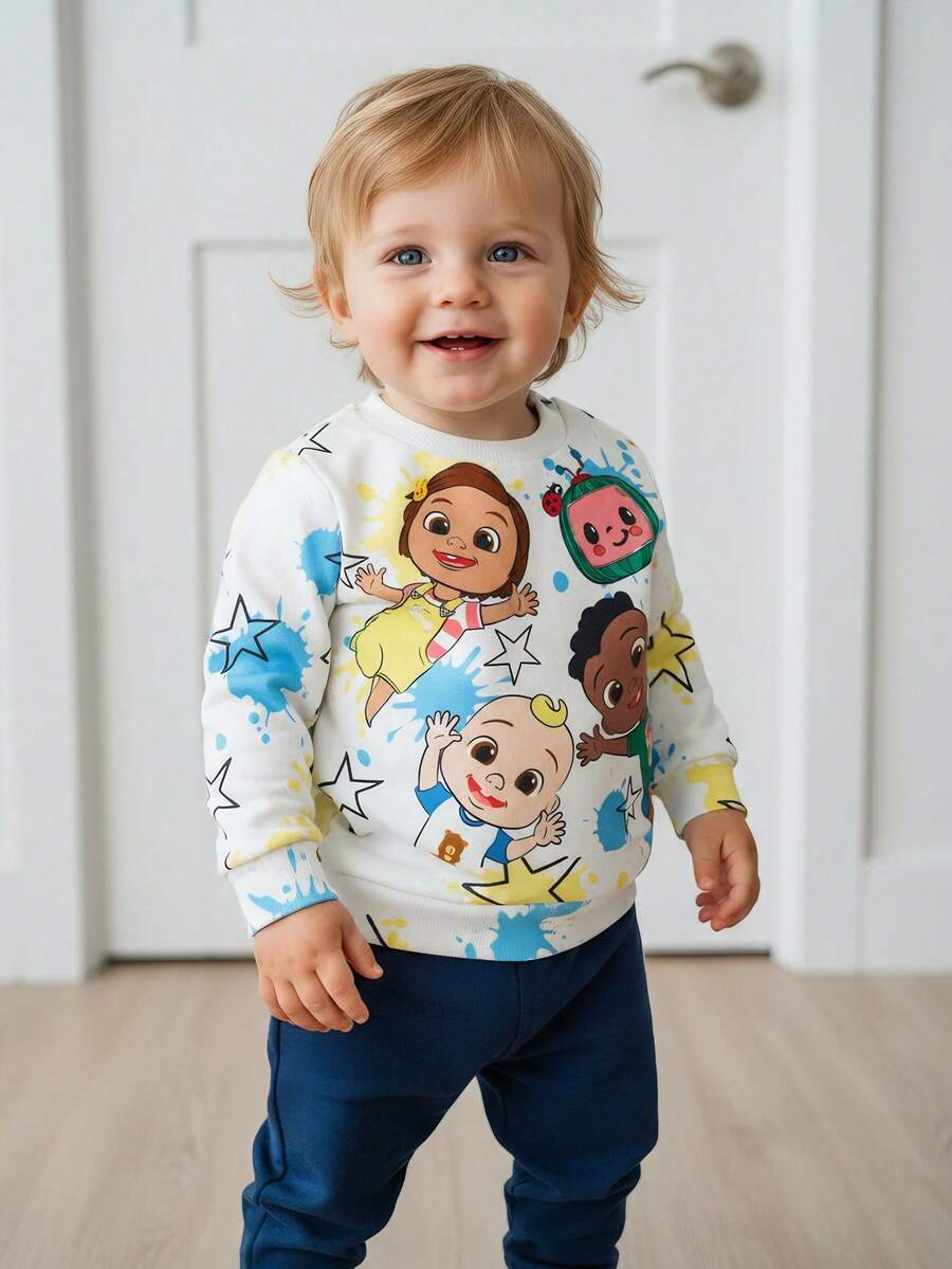 CoComelon X SHEIN Baby Boy Cartoon Portrait Pattern Splatter Autumn Sweatshirt Fall Winter