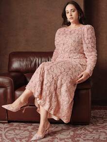 Anewsta Plus Size Women's Fitted Lace Beaded Floral Dress, Pink, Spring/Summer - Pink - View 3