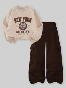 SHEIN ChillGRL 2件套女童休闲时尚纽约图案圆领长袖卫衣和阔腿裤，秋冬季 - 彩色 - 查看 4