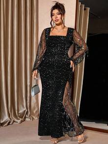 Cravure Plus Size Women's Square Neck Sparkly Mesh Patchwork Dress, Elegant Dresses For Party Sequin Dress Sparkly Dress  Glitter  Stretchy Luxurious Party Long Sleeve High Slit Gown, Autumn/Winter Plus Size Evening Gowns Plus Size Black Formal Dresses Curve Formal Evening Gown Luxury Dress For Women Slay Diva Dress - Black - View 4