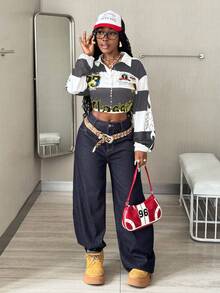 Coolane Áo thun polo tay dài dáng rộng họa tiết sọc Y2K phong cách đường phố mùa hè dành cho nữ - Xám - Xem 5