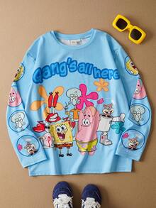 SpongeBob SquarePants | SHEIN Tween Boy Cartoon Pattern Cute Blue Round Neck Long Sleeve T-Shirt - Blue - View 1