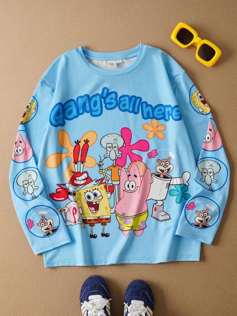 SpongeBob SquarePants | SHEIN Tween Boy Cartoon Pattern Cute Blue Round Neck Long Sleeve T-Shirt - Blue - View 1