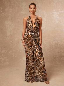 Lumalex V-Neck Sleeveless Cinched Waist Ruched Leopard Print Dress For Women - Khaki - View 4