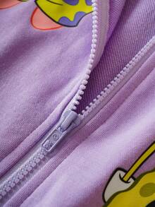 SpongeBob SquarePants | SHEIN Conjunto de sudadera con capucha con cremallera y pantalones con estampado de dibujos animados lindos de color morado para niña preadolescente - Morado - Ver 11