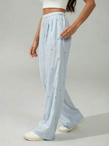 SHEIN Tall New Navy Blue Bow Embroidered Woven Trousers Back To School Outfits Women Y2k - Blue - View 9