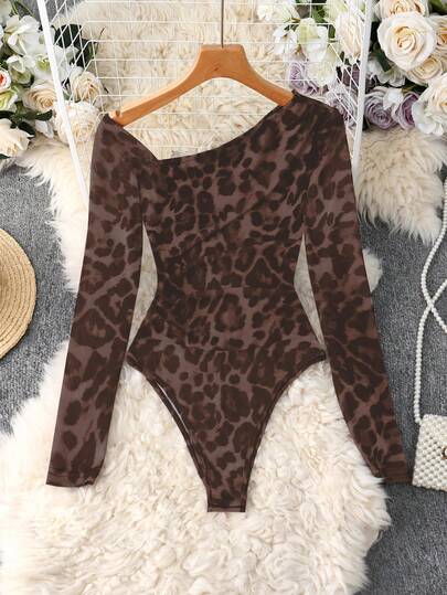 GlowEve CURVE Plus Size Women Leopard Print Mesh Shoulder Cut-Out Long Sleeve Bodysuit