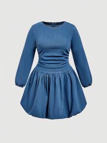 SHEIN MOD Plus Size Solid Color Casual Round Neck Long Sleeve Denim Dress - Dark Wash - View 1