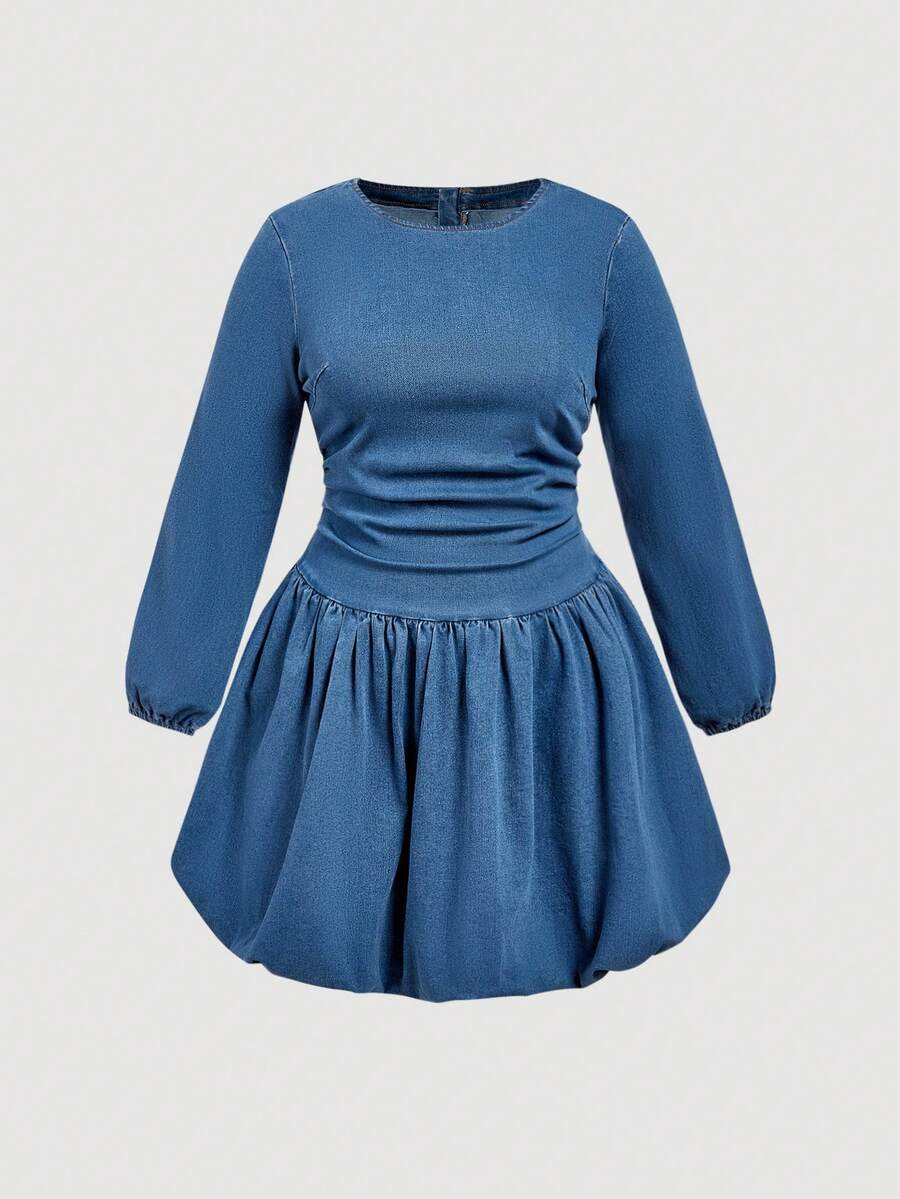 SHEIN MOD Plus Size Solid Color Casual Round Neck Long Sleeve Denim Dress - Dark Wash - View 1
