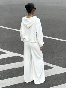 SHEIN EZwear 女士秋冬新款保暖宽松休闲连帽衫和运动裤两件套 - 白色 - 查看 2