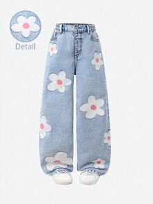 SHEIN ChillGRL 少女牛仔裤，Y2K风格，阔腿设计，舒适棉质牛仔布，花卉印花装饰，适合休闲、上学、通勤、聚会、旅行、返校等场合，秋季新款，可搭配长袖上衣。 - 中等水洗藍 - 查看 8