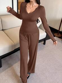 DAZY 2pcs Solid Color Comfortable Knit Long Sleeve Top And Pants Women Pajama Set - Brown - View 6