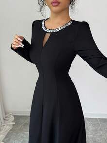 SHEIN Raffinéa 女士优雅长袖水钻装饰圆领收腰鸡尾酒连衣裙，黑色，奢华风格，适合正式场合 - 黑色 - 查看 3