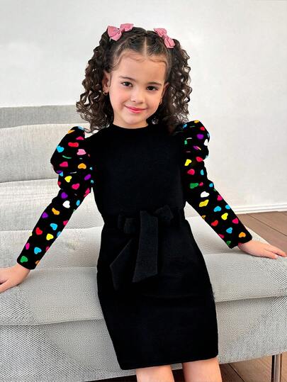SLAYR KIDS Young Girls Casual Daily Party Round Neck Fitted Dress With Sleeve Patchwork Colorful Heart Print, Cute