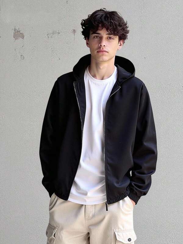 Casual Loose Fit Solid Black Zip Up Hoodie Jacket, Versatile Sporty Design For Teenage Boys, Suitable For Early Autumn Fall Winter