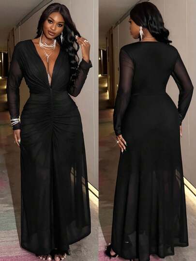 Slaydiva 2025 Plusstorlekar Vår/Sommar Ny Musikfestival, Påsk, Jul, Födelsedagsfest, Examenssäsong, Collegestil, Studentkläder, Vardagskläder, Enkel Mångsidig, Fritid, Kryssningsresor, Strand, Solbad, Viral, Streetwear, Bröllopsgäst Boho, Pendling, Brunch, Flygplats, Y2K, Landsbygd Vintage, Helgdag Nyår Alla hjärtans dag Elegant Romantisk Sexig Fest Långärmad Mesh Skarv Transparent Låg Hals Volang Maxiklänning - Svart