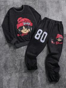 Coolqubz Bộ 2 áo nỉ cổ tròn tay dài in họa tiết cũ và quần jogger cũ dành cho bé trai tuổi teen - màu đen - Xem 1