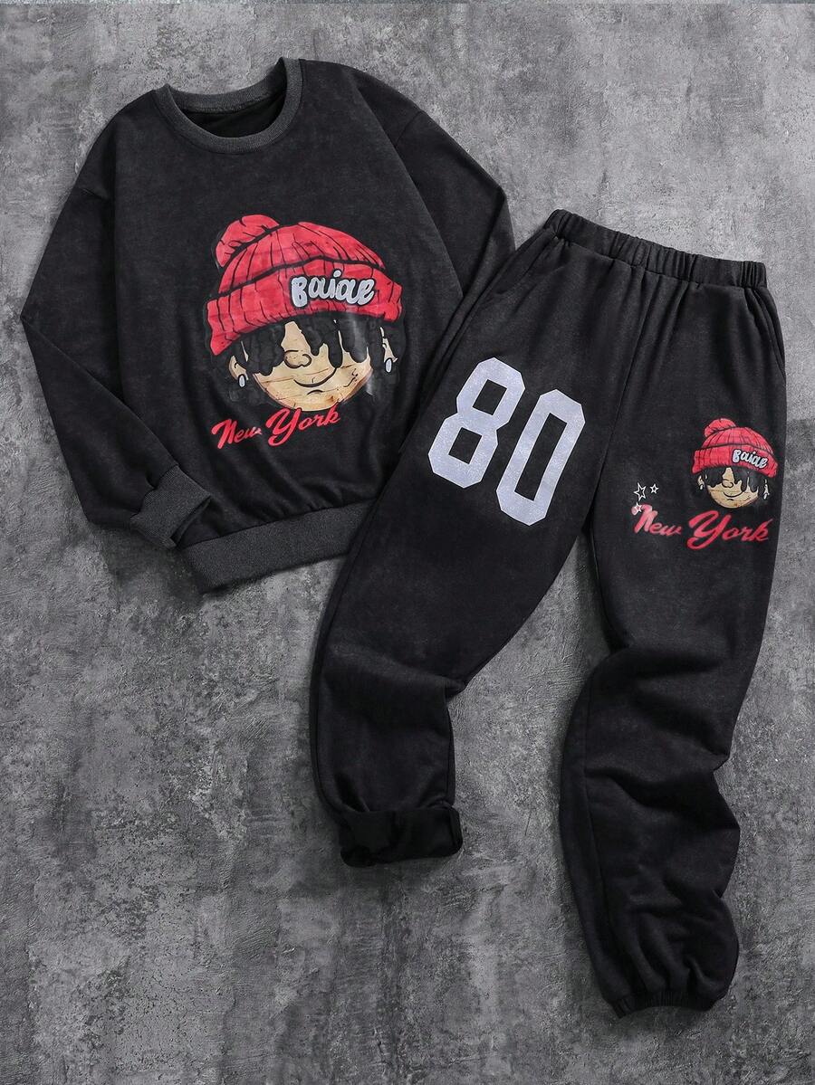 Coolqubz Bộ 2 áo nỉ cổ tròn tay dài in họa tiết cũ và quần jogger cũ dành cho bé trai tuổi teen - màu đen - Xem 1