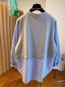 Franclia 女士休闲拼接圆领长袖卫衣 - 灰色 - 查看 2