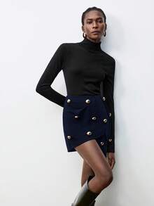 Maija 女士时尚不对称下摆金属装饰半身裙，适合通勤、商务、休闲、办公、教师制服等场合，优雅别致，亦适合圣诞节和新年穿着。 - 藏蓝色 - 查看 8