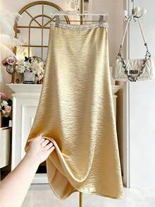 SHEIN Franclia Women's Elegant Pearl Trim Long Skirt Satin Skirts For Women Cream Skirt Women Long Skirt Elegant Skirt Silk Skirt - Champagne - View 3