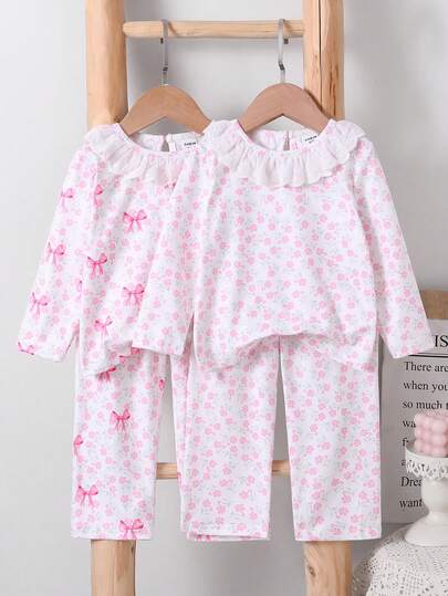 Baby Girls Pajamas-2 Piece Pajama Set Pink Floral Bow Print Ruffle Collar Round Neck Long Sleeve Top Long Pants Matching Cozy Lightweight Nightgown Style Sleepwear For Infants Toddlers Year Round Holiday 2026 Essential Gift