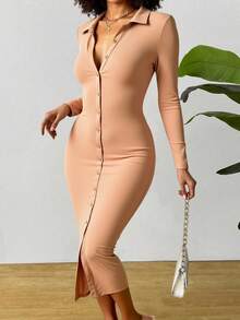 Button Front CollaredBodycon Midi Dress - Carne - Ver 2