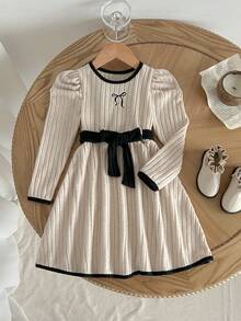 女童长袖套头连衣裙，配腰带，黑色滚边撞色羊腿袖，休闲百搭，适合外出和通勤，秋冬季 - 杏色 - 查看 3