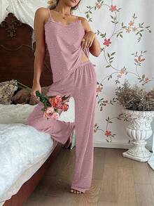 SHEIN 女士针织爱心印花吊带背心和短裤睡衣套装，性感百搭，适合所有季节 - 淺粉色 - 查看 5