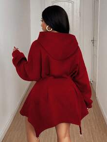 Maweii Women's Elegant Red Hooded Sweatshirt Dress,Plus Size,Wavy Hem Metal Ring Detail, Night Out Club,Autumn Girlism,Holiday Christmas New Year Outfit - Red - View 2