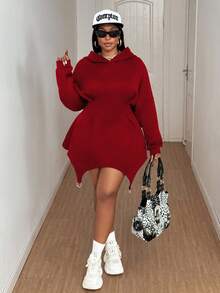 Maweii Women's Elegant Red Hooded Sweatshirt Dress,Plus Size,Wavy Hem Metal Ring Detail, Night Out Club,Autumn Girlism,Holiday Christmas New Year Outfit - Red - View 4