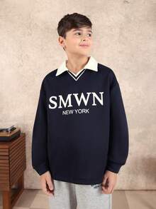 SUMWON Boys Polo Collar Sweatshirt And Jogger Pants Smart Casual Matching Set With New York Logo Design Vacation - Navy Blue - View 3