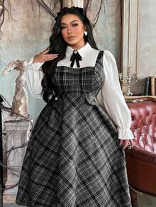 Lyrianda 大码女式翻领半开襟衬衫领二合一红色格子撞色纽扣优雅复古休闲中长A字连衣裙