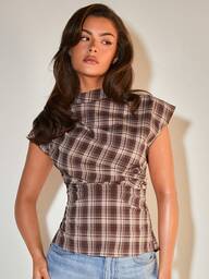 COSMINA Blusa de mujer, diseño plisado de cuello alto, elegante para la oficina, artículo de moda versátil, adecuado para el trabajo, salidas casuales, fiestas, estampado de cuadros marrones