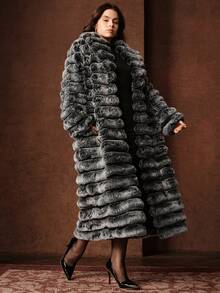 Anewsta 新款秋冬蓬松外套，中长款，女士加大码时尚仿兔毛外套，适合节日派对服装 - 黑與白 - 查看 6