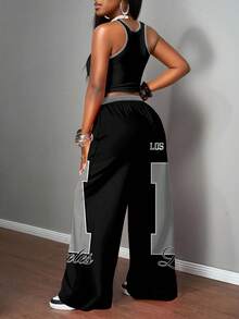 Slaydiva 黑色套装/女士外出套装/女士休闲街头风吊带背心和宽松长裤两件套/Y2K服装/街头服饰/女士两件套/返校季/休闲街头风/嘻哈套装/洛杉矶手势图案 - 彩色 - 查看 2