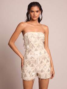 Glamine 女士优雅派对无肩带性感百搭亮片流苏连体裤 - 香檳色 - 查看 4