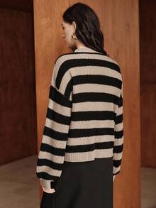 Zovinel Áo len dáng rộng cổ tròn kẻ sọc phối màu đơn giản cho nữ, mùa thu/đông - Nhiều màu - Xem 2