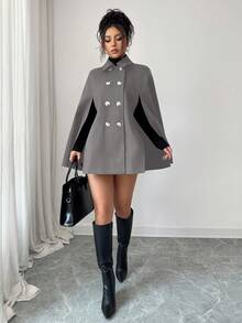 SHEIN PETITE 女士休闲英伦风双排扣羊毛斗篷大衣 - 灰色 - 查看 6