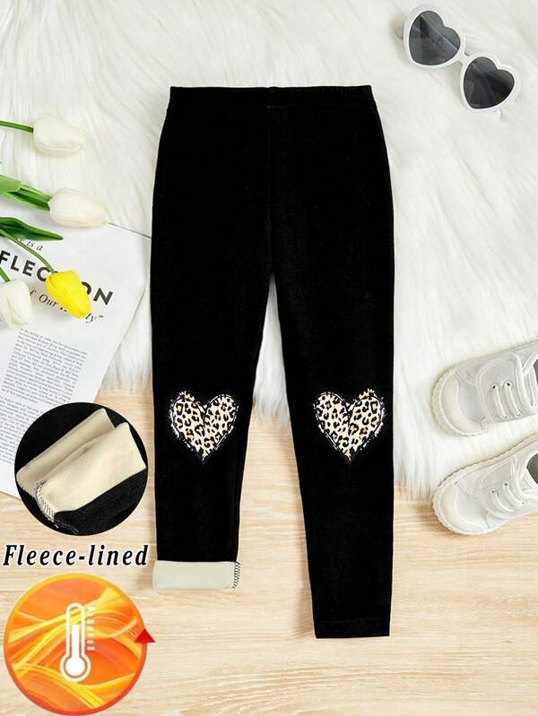 SHEIN Young Girl Solid Color Simple Versatile Leopard Heart Print Black Thermal Lined Leggings, Girls Black Leggings