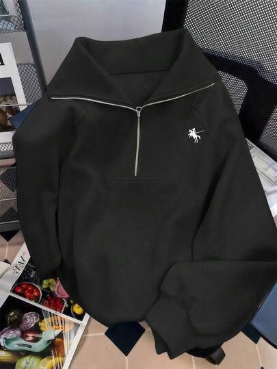 Airaco Casual Loose High Neck Zipper Half-Zip Graphic Print Long Sleeve Sweatshirt, Plus Size