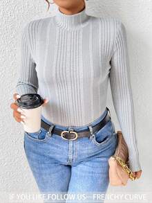 SHEIN Frenchy 休闲简约高领修身不对称罗纹保暖上衣，适合日常穿着，秋冬季百搭单品 - 灰色 - 查看 6