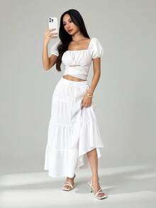 SHEIN PETITE 女款多層蛋糕裙，優雅亞麻白色夏季裙，波希米亞風野餐度假休閒百搭裙，適合約會早午餐，春夏季，小個女款 - 白色 - 查看 8