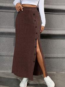 SHEIN Essnce Women's Solid Color High Waist Button Design Side Slit Casual Rib Knit Skirt - Brown - View 3