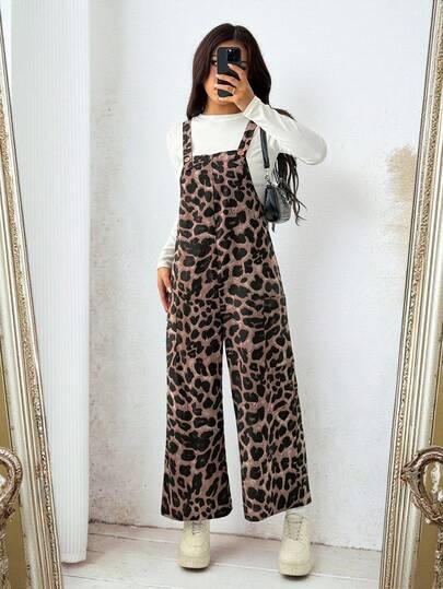 SHEIN PETITE Mono holgado con bolsillo y estampado de leopardo para mujer, otoño/invierno