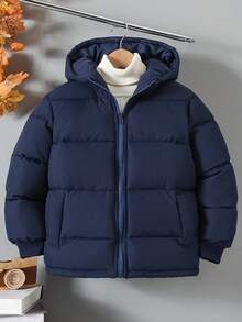 Vacaura 1pc Boys' Quilted Pocket Casual Padded Coat - Navy Blue - View 3