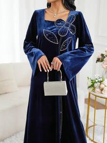 Al Najma Women's Elegant Party Rhinestone Decorated Arabic Style Dress Velvet Long Sleeve Dress Luxury Dress For Women - Blue - View 5