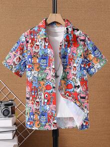 SHEIN 青少年男孩春夏款卡通印花短袖襯衫 - 彩色 - 查看 6