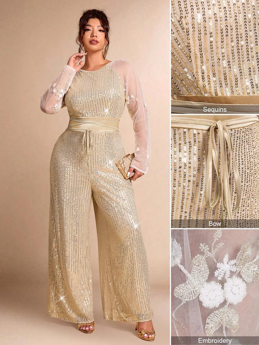 Allurite 大码女式刺绣串珠系带长袖连体裤，适合约会、派对、宴会等场合 - 杏色 - 查看 1